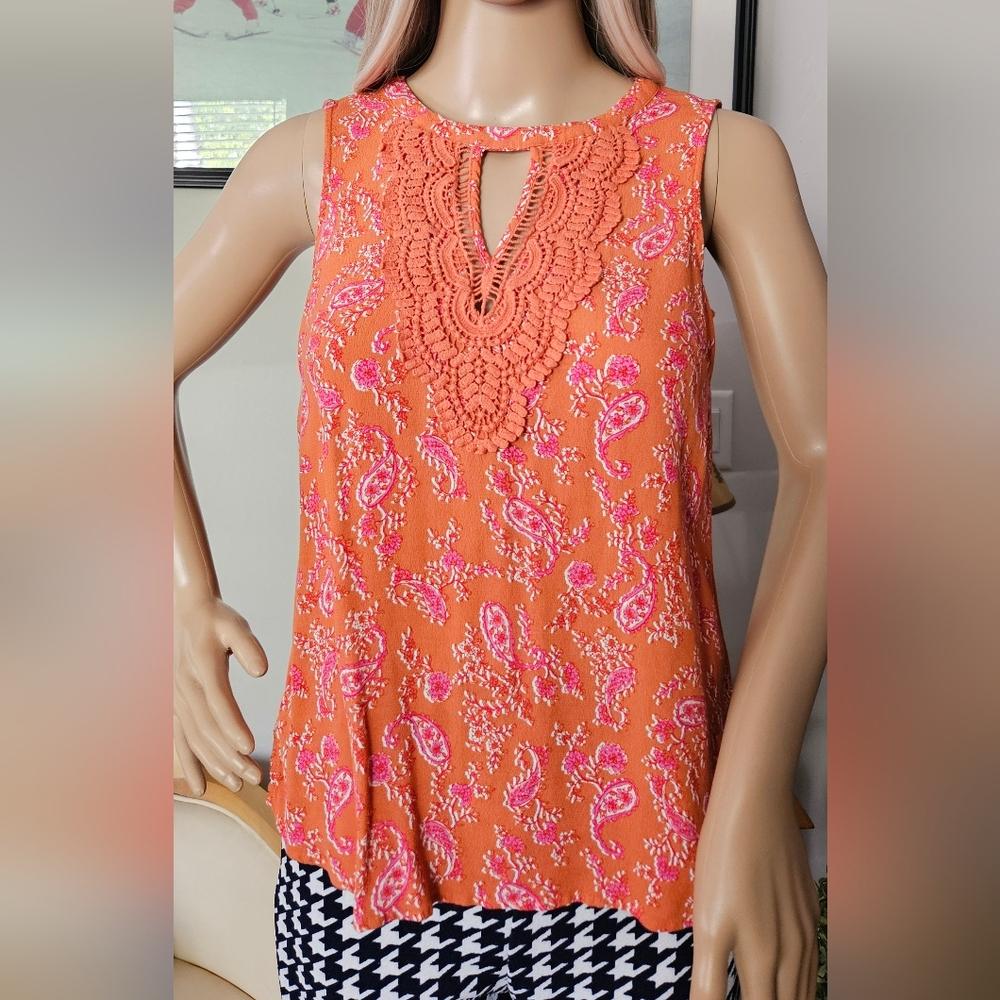 Daniel Rainn Orange Paisley Lace Trim Top PXS